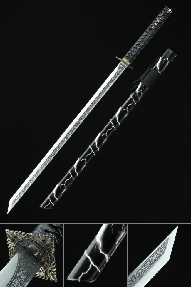 Manganese Steel Ninjato with Lightning-Pattern Black Saya & Vine-Engraved Blade