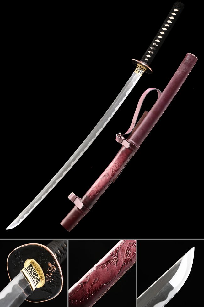 Damascus Steel Katana with Maroon Leather Dragon Saya - Gold Tsuba, Black Cord Handle