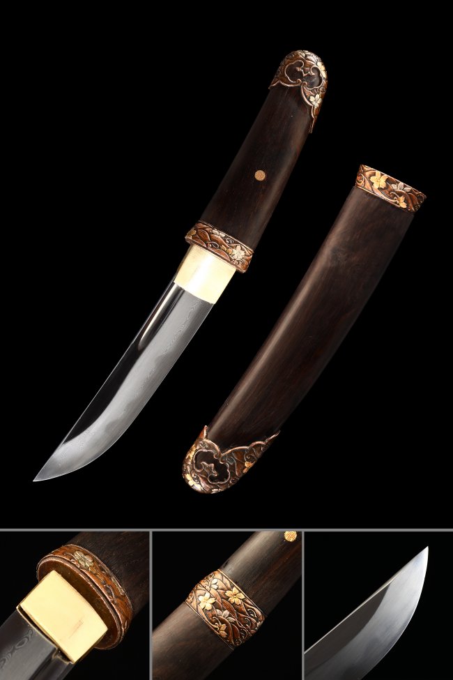 Aikuchi Tanto in Damascus Steel with Dark Wood Saya - Floral Copper Fittings, Brown Handle