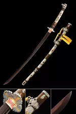 Damascus Steel Odachi Sword with Dark Red Blade, Brown-White Cloud Saya & Silver Scroll Tsuba