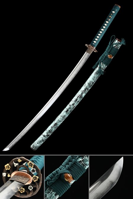 Hand-forged Damascus Steel Katana With Marble-style Saya And Gilded Floral-themed Tsuba