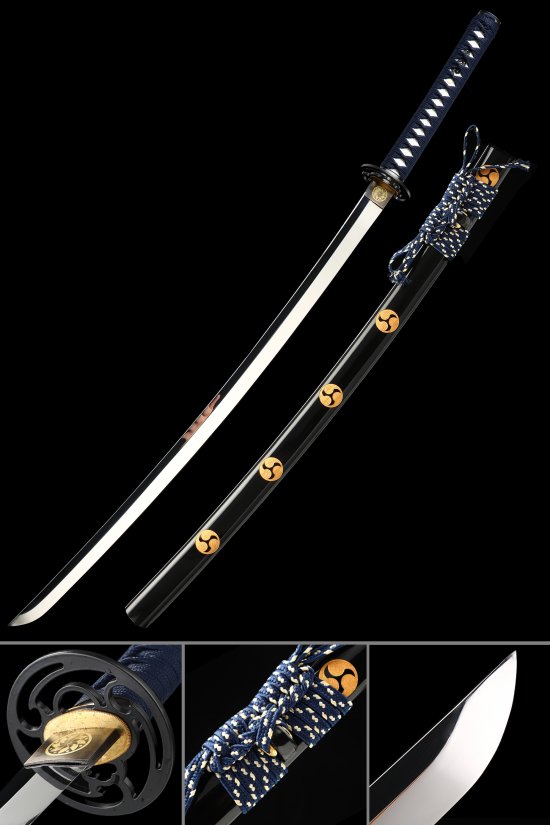 Geometric Tsuba 1095 Carbon Steel Katana, Full Tang, Handcrafted & Black Saya