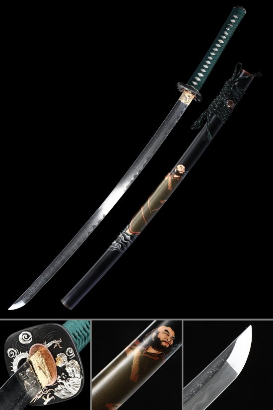 Damascus Steel Katana with Hand-Painted Samurai Saya in Black, Green Ito & Dragon Tsuba