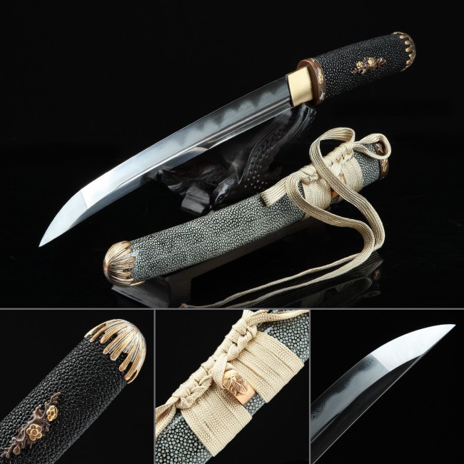 Pattern Steel Tanto with Real Hamon, Black Rayskin Handle & Gray Rayskin Saya - Aikuchi Style