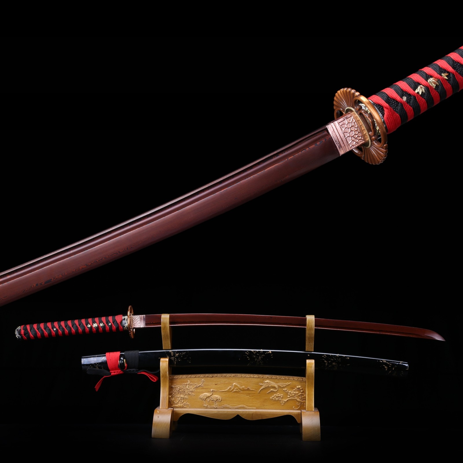 Handmade Full Tang Damascus Steel Red Blade Katana Japanese Samurai Swords Handmadekatana