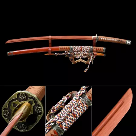 Handmade Rosewood Blade Unsharpened Katana Sword With Red Scabbard And Kirsite Tsuba