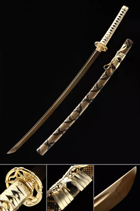 Handmade Japanese Sword Damascus Steel With Golden Blade And Snake Style Scabbard
