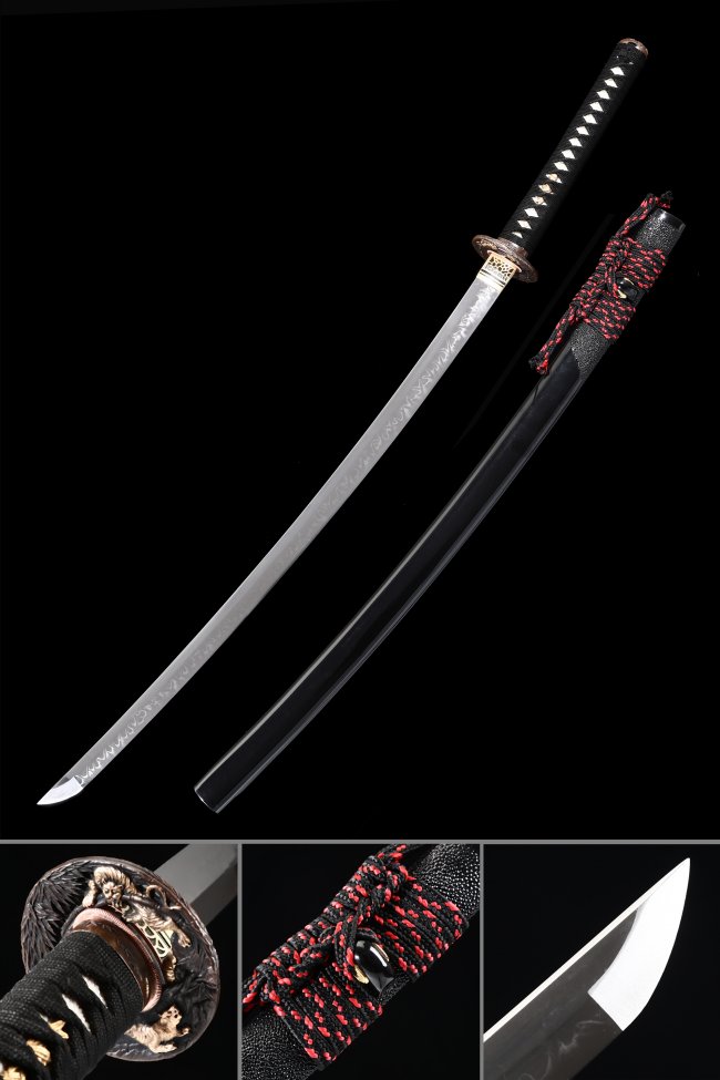 T10 Clay Tempered Katana with Real Hamon in Black Hardwood Saya - Tiger Tsuba, Black & Red Sageo
