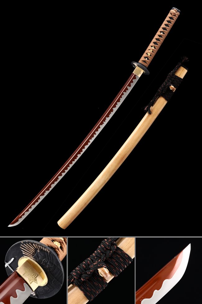 Manganese Steel Katana with Dark Red Blade in Natural Wood Saya - Brown Tsuka, Samurai Tsuba