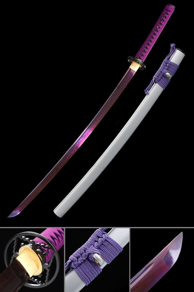 T10 Carbon Steel Clay Tempered Purple Blade Katana with White Saya and Purple Ito Handle