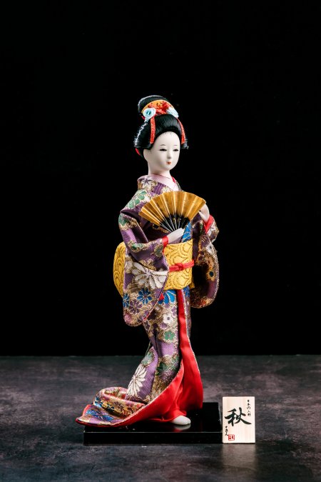 Vintage Japanese Geisha Doll With Fan In Purple Kimono