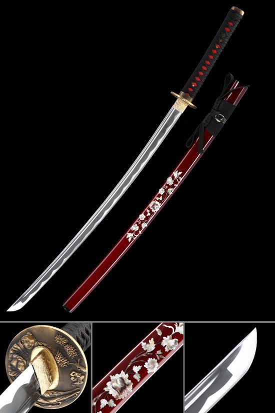 1065 Carbon Steel Katana with Dark Red Floral Saya - Gold Samurai Tsuba, Black-Red Tsuka