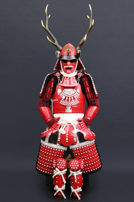 Handmade Red Japanese Samurai Armor For Yukimura Sanada With Brown Deer Antlers, Life Size Suit