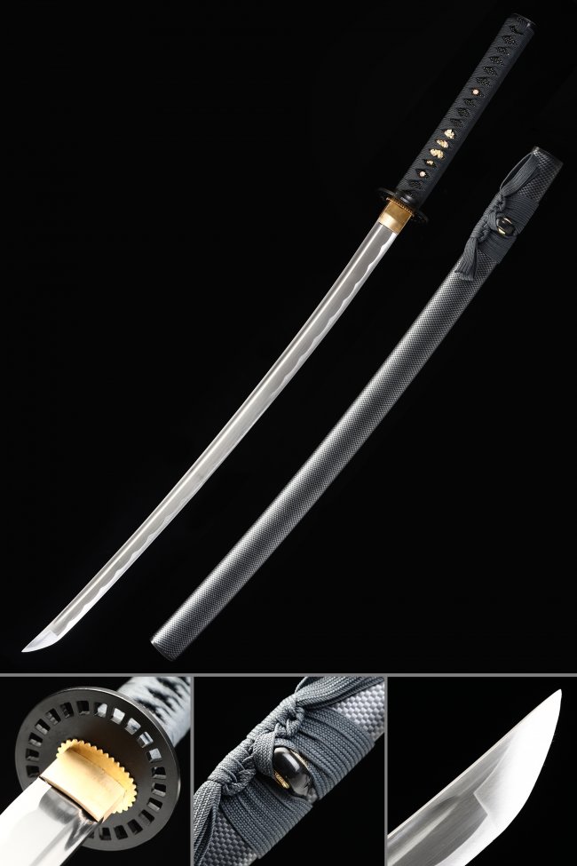 1060 Carbon Steel Katana with Silver Crosshatch Saya in Black and Gold Fittings