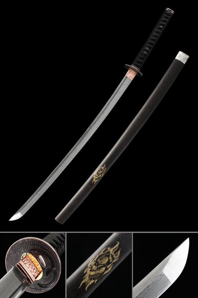 Damascus Steel Katana with Black Lacquer Saya - Gold Dragon Print, Bronze Dragon Tsuba
