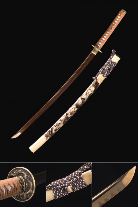 Golden Blade Katana, Handmade Japanese Sword T10 Folded Clay Tempered Steel Real Hamon