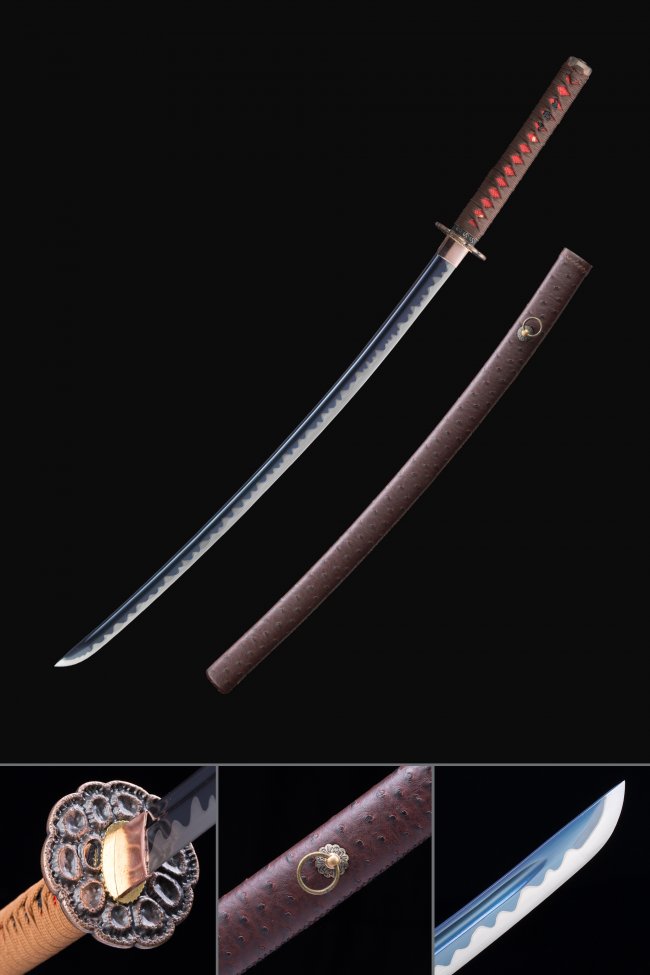 Full Tang Manganese Steel Blue Blade Katana with Brown Leather Saya and Chrysanthemum Bronze Tsuba