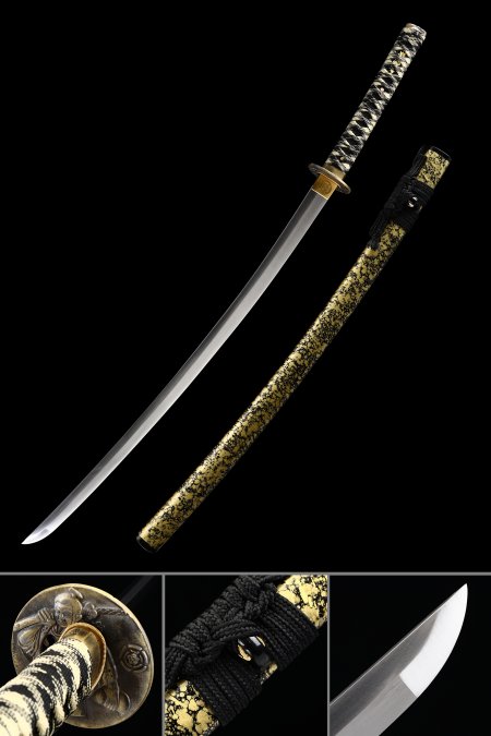 Full Tang Sword, Handmade Japanese Samurai Sword With Black And Yellow Scabbard