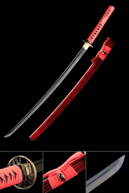 Handmade Japanese Katana Sword 1065 Carbon Steel With Red Scabbard