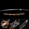 Damascus Steel Katana with Gold Dragon Tsuba - Brown Tiger Saya, Black Cord Handle, Full Tang