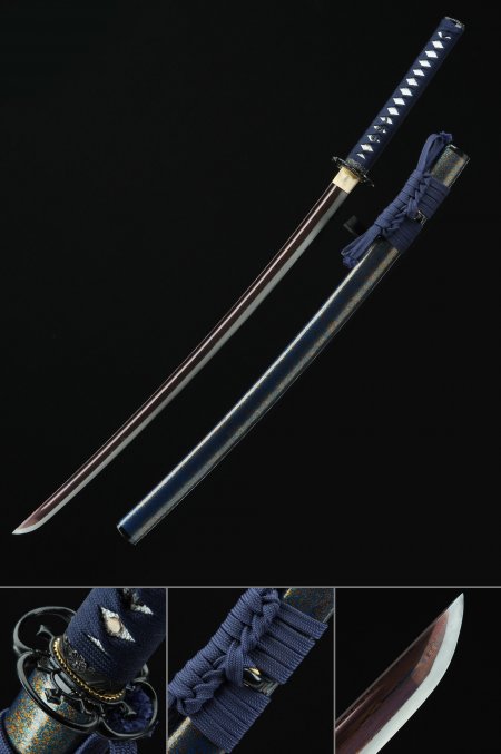 Handmade Japanese Samurai Sword Damascus Steel With Red Blade And Blue Scabbard