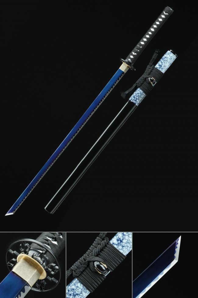 1095 Carbon Steel Straight Katana with Blue Blade & Black Lacquer Saya - Geometric Iron Tsuba