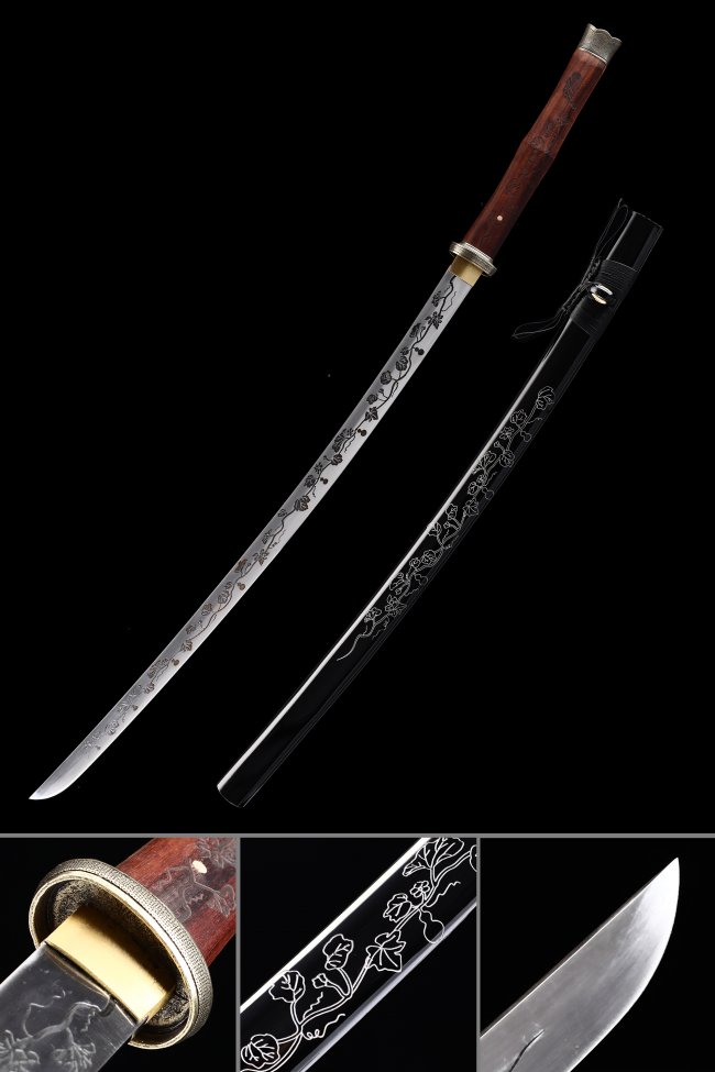 Damascus Steel Katana with Engraved Flower Vine Blade in Black Lacquer Saya and Rosewood Handle