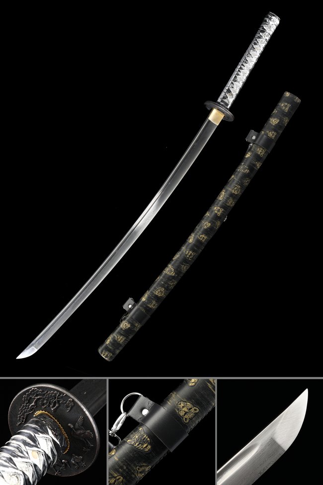 Manganese Steel Katana with Tiger-Print Leather Saya in Black & Gold - White Cord Handle