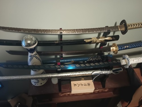 Handmade Japanese Samurai Sword With Blue Blade And Silver Scabbard