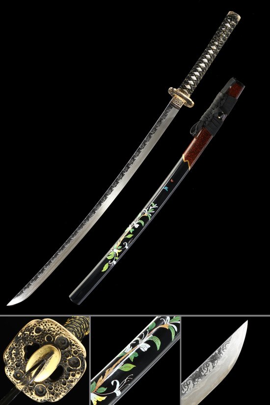 Folded Melaleuca Steel Katana with Hand-Painted Black Floral Saya - Gold Tsuba, Black-White Ito