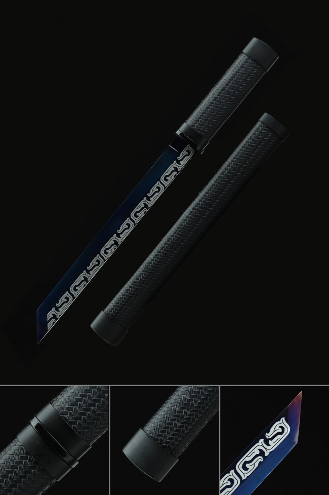 Blue Manganese Steel Hamidashi Tanto with Etched Pattern and Black Carbon Fiber Weave Saya