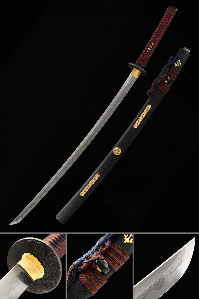 Damascus Steel Katana with Black Lacquer Saya - Dark Red-Blue Ito & Wave Iron Tsuba