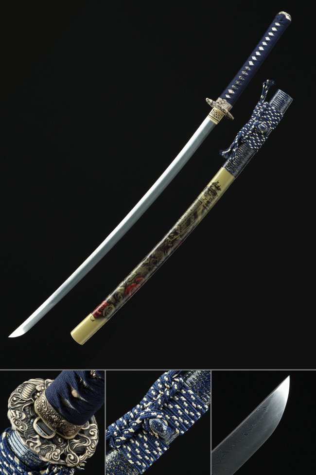 Ornate Scroll Tsuba 1095 Carbon Steel Katana, Handmade, Beige Dragon Saya & Dark Blue Tsuka