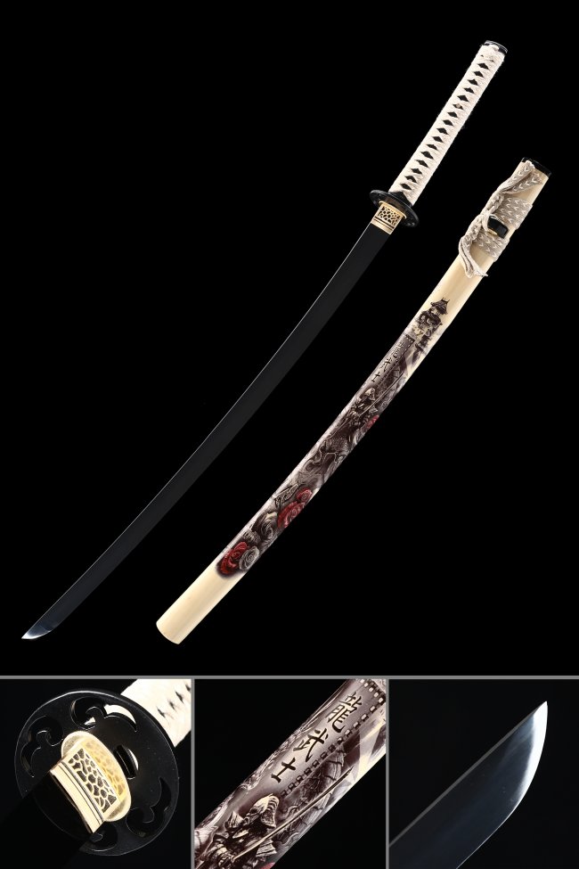 Manganese Steel Katana with Hand-Painted Samurai Scene Natural Wood Saya in White
