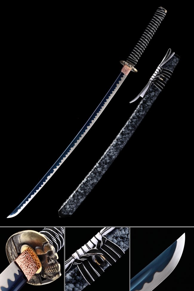 Skull Tsuba Manganese Steel Katana, Full Tang, Handmade & Gray Saya