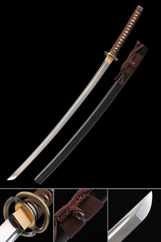 Spring Steel Katana with Black Lacquer Saya - Brown Ito, Bronze Tsuba, Full Tang Blade