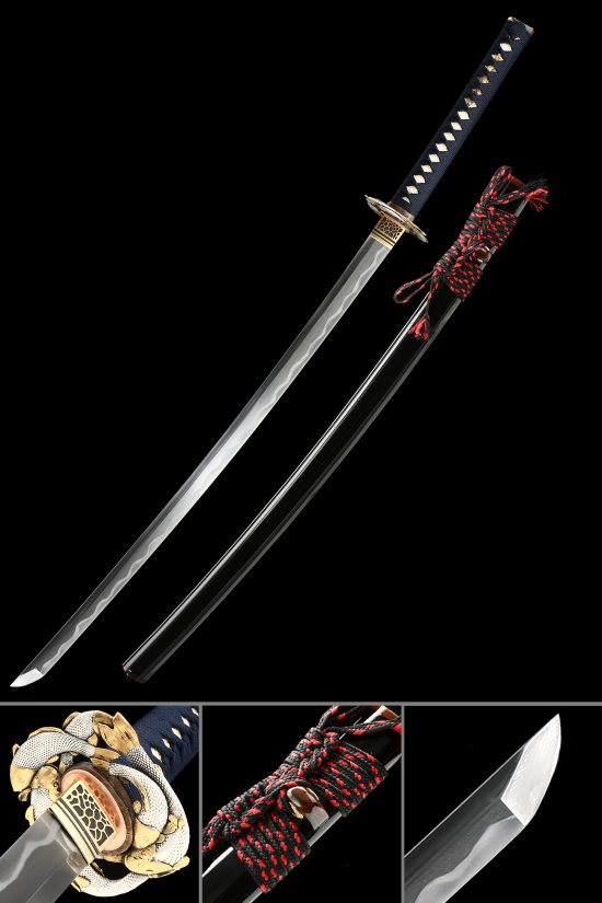 T10 Carbon Steel Katana with Black Lacquer Saya, Gold Tsuba & Dark Blue Handle Wrap