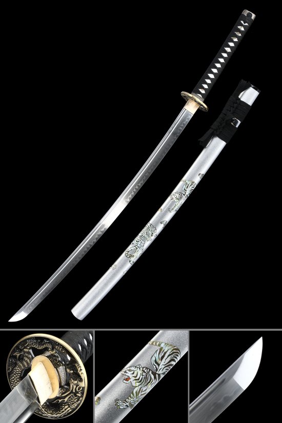 T10 Carbon Steel Katana with Silver Tiger Saya - Dragon Tsuba, Black Cord Handle, Real Hamon