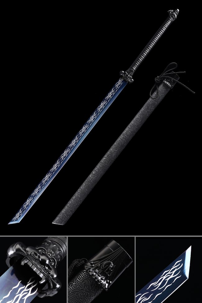 Ninjato Sword Manganese Steel Blue Blade with Flame Engraving, Black Leather Saya with Dragon Relief