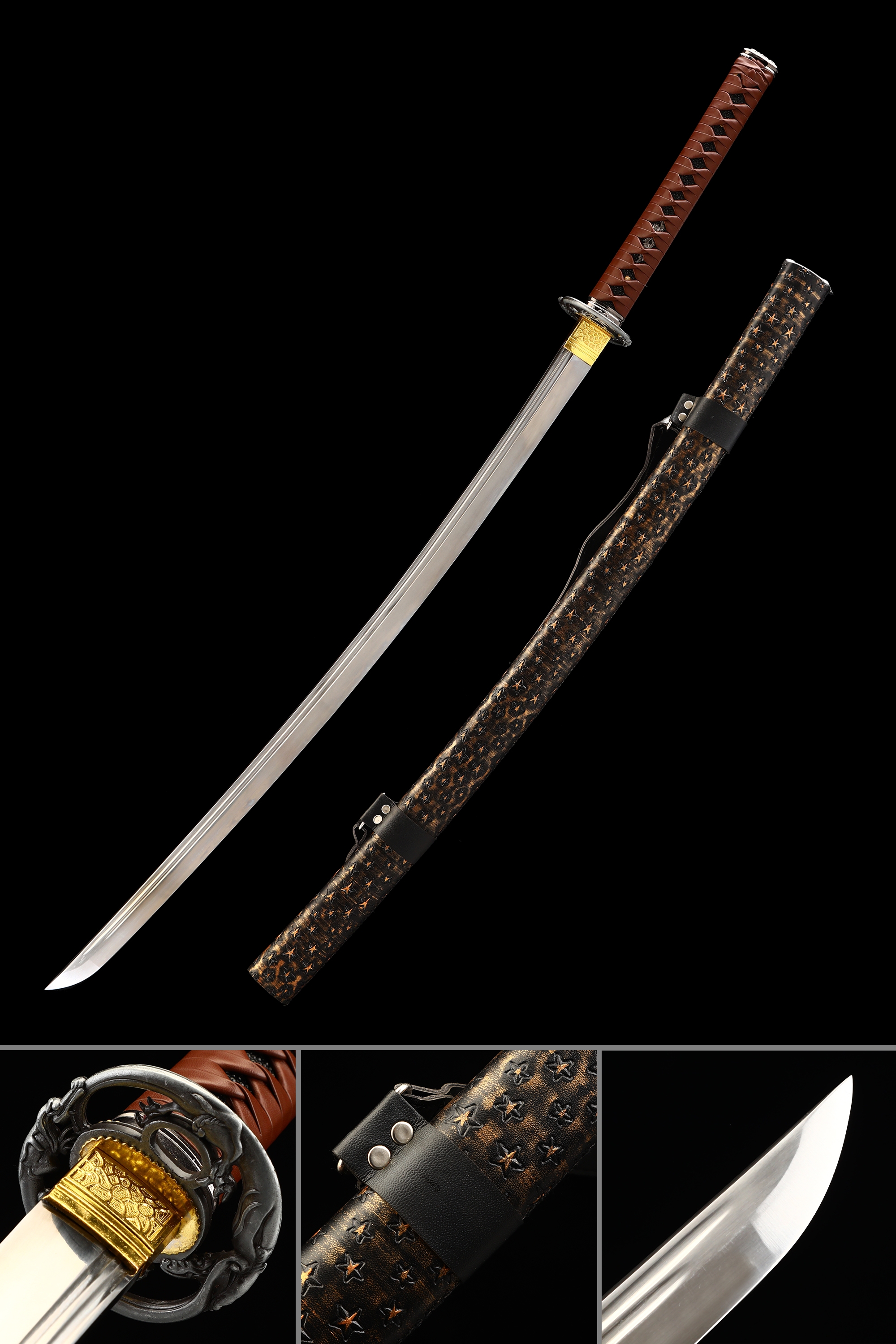 Handmade Japanese Katana Sword Full Tang With Black Strap And Brown Scabbard