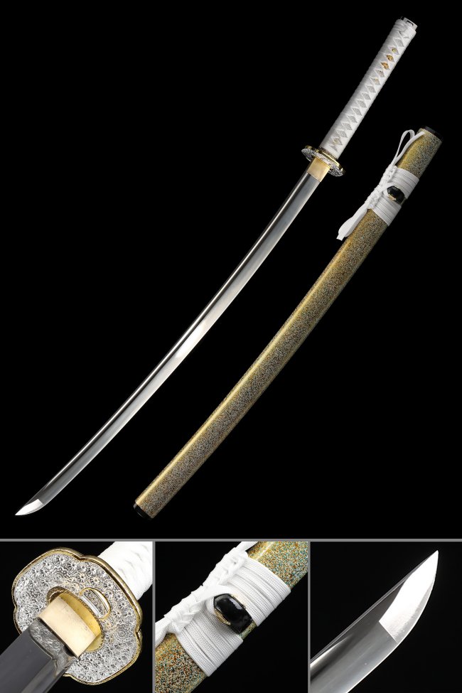 Nihonto Katana High Manganese Steel Blade with Gold-Bronze Lacquer Saya & White Ito