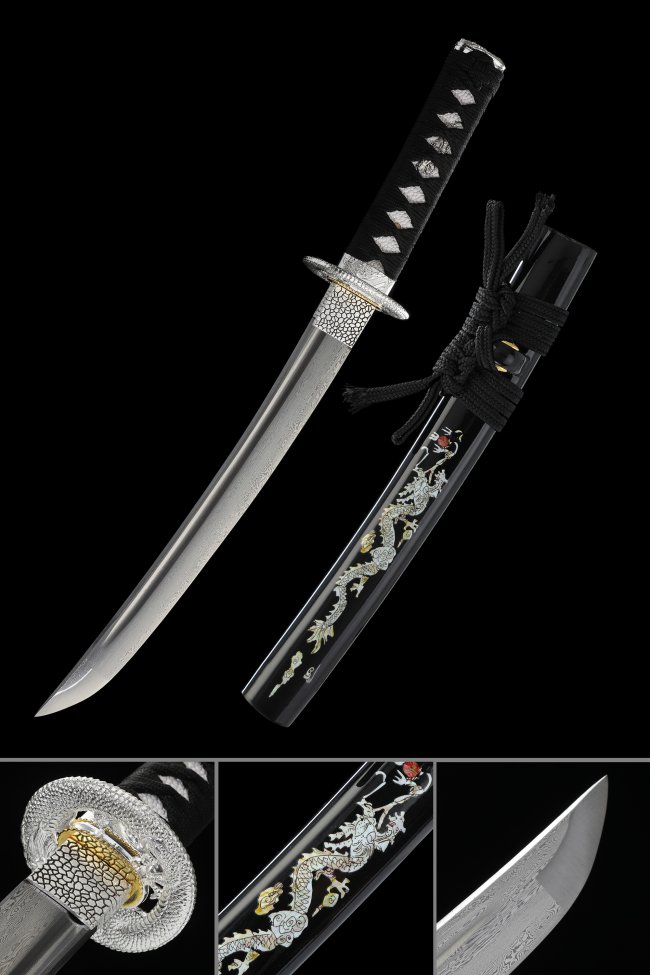 Damascus Steel Tanto with Dragon Hand-Painted Black Saya - Silver Alloy Tsuba, Black Cord