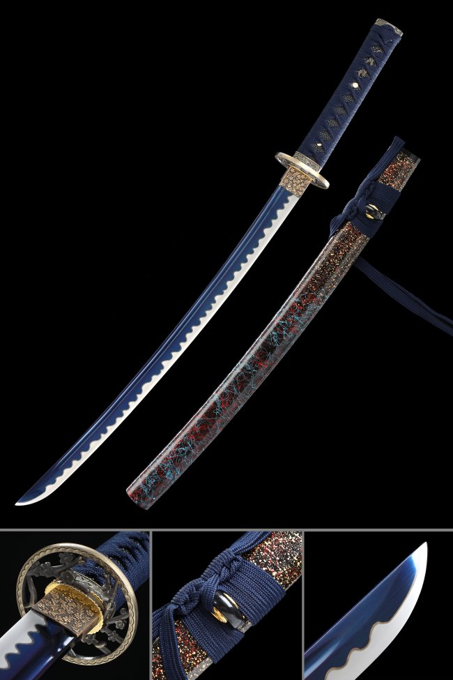 Manganese Steel Wakizashi with Blue Blade in Dark Blue Hardwood Lacquer Saya - Gold Chrysanthemum Tsuba