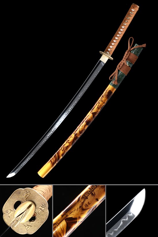 T10 Carbon Steel Katana with Hamon in Gold Hardwood Saya - Kill Bill Samurai Sword Replica
