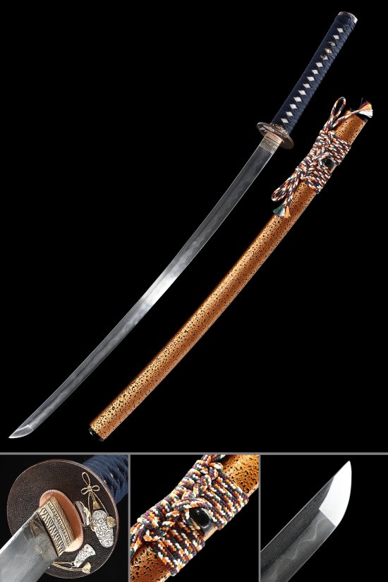 Damascus Steel Katana with Orange Rayskin Saya - Full Tang, Hamon Blade, Dark Blue Tsuka