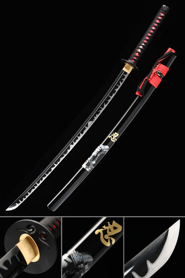 Black Blade Katana in Manganese Steel with Kanji Engraved Saya and Red-Black Tsuka Wrap