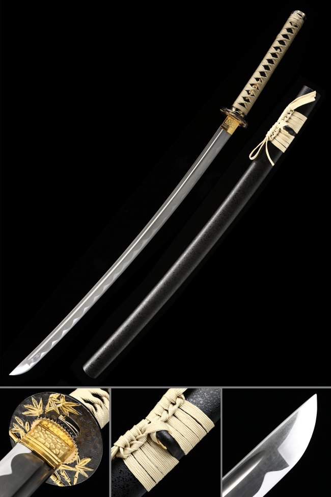 1045 Carbon Steel Katana with Black Matte Saya - Bamboo Tsuba, Cream Ito Wrap