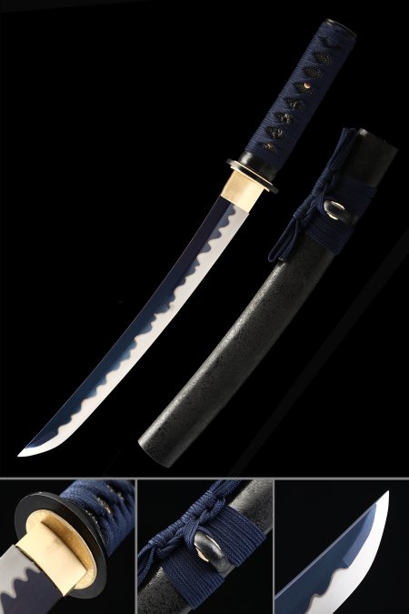 Handmade Japanese Tanto Sword With Blue Blade And Black Scabbard