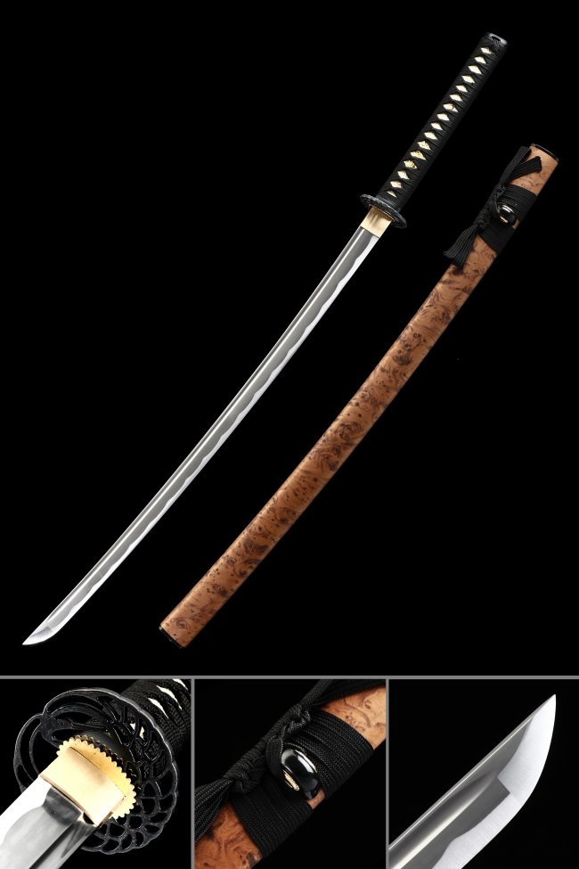 1060 Carbon Steel Katana with Burl Wood Saya - Black Tsuka, Chrysanthemum Tsuba