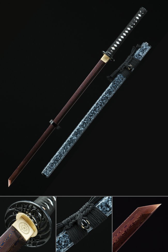 Damascus Steel Ninjato with Dark Red Blade, Black Ornate Scroll Tsuba & Blue Cherry Blossom Saya